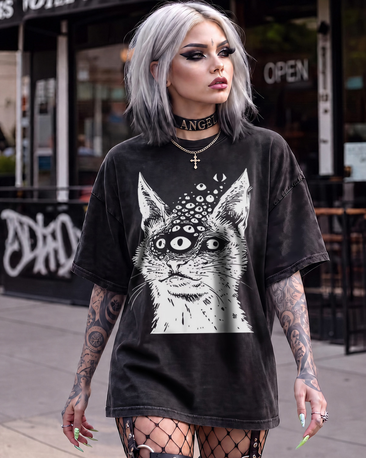 Weirdcore Cat Dark Goth Washed T-Shirt