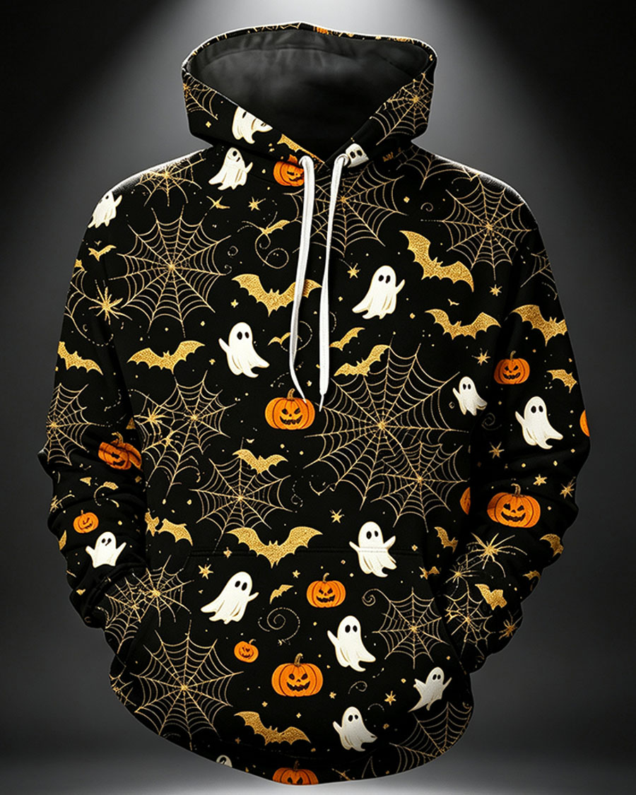 Spooky Black Gold Bat Ghost Graphic Hoodie