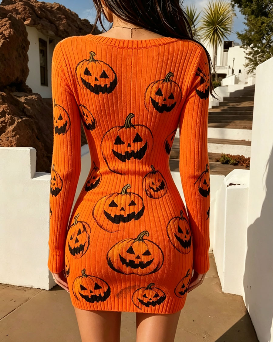 Festive Orange Pumpkin Print Bodycon Mini Dress