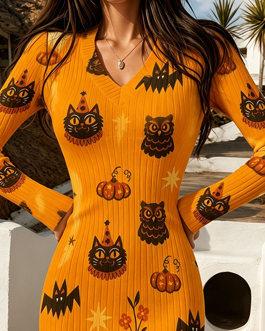 Cute Vintage Halloween Animals Bodycon Mini Dress
