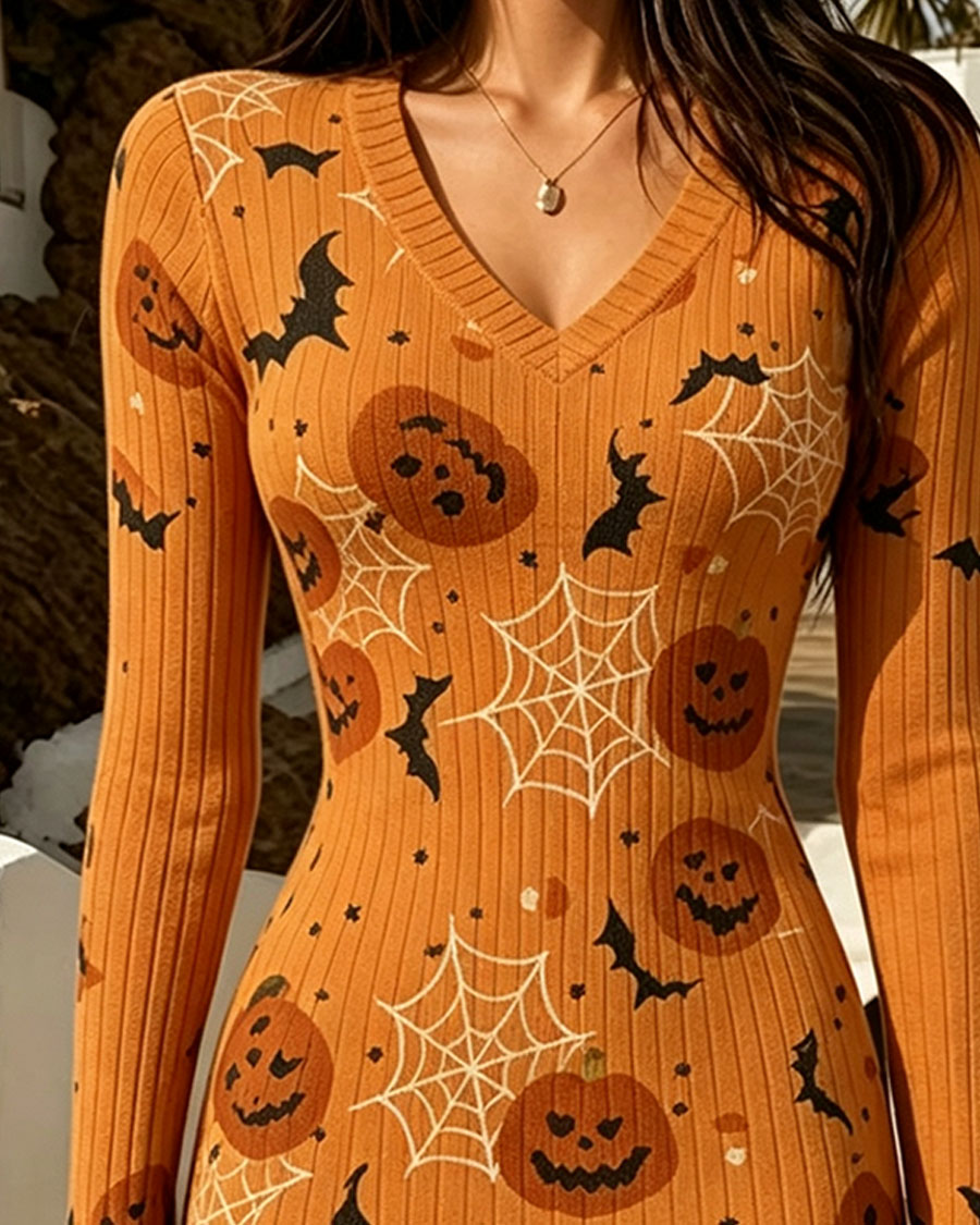 Halloween Pumpkin Bat Print Bodycon Mini Dress