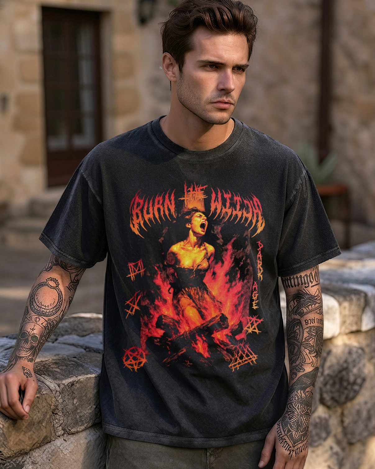 Burn the Witch Washed T-Shirt Occult Horror, Heavy Metal Apparel