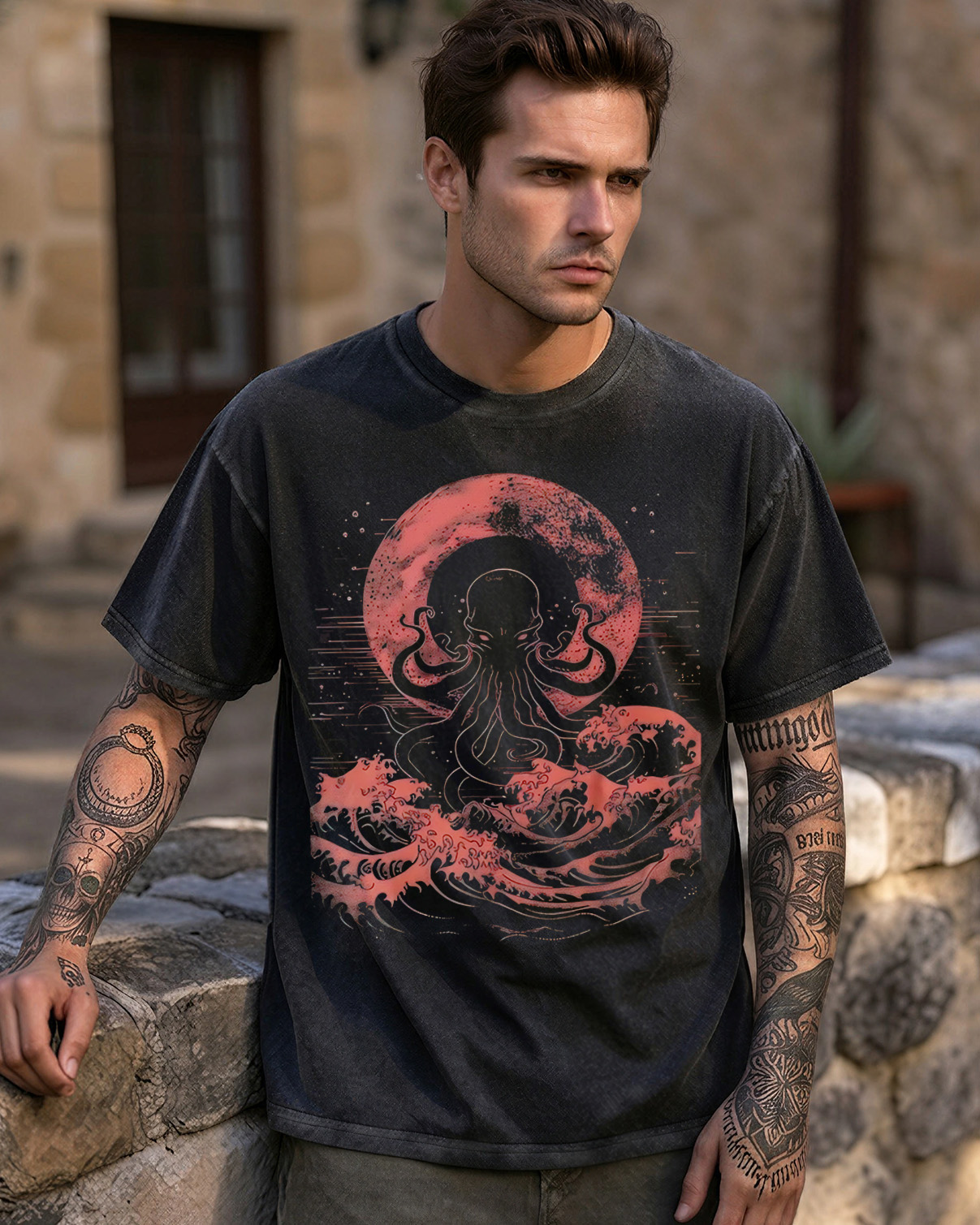 Cthulhu Red Moon Washed T-Shirt Japanese Gothic Kraken