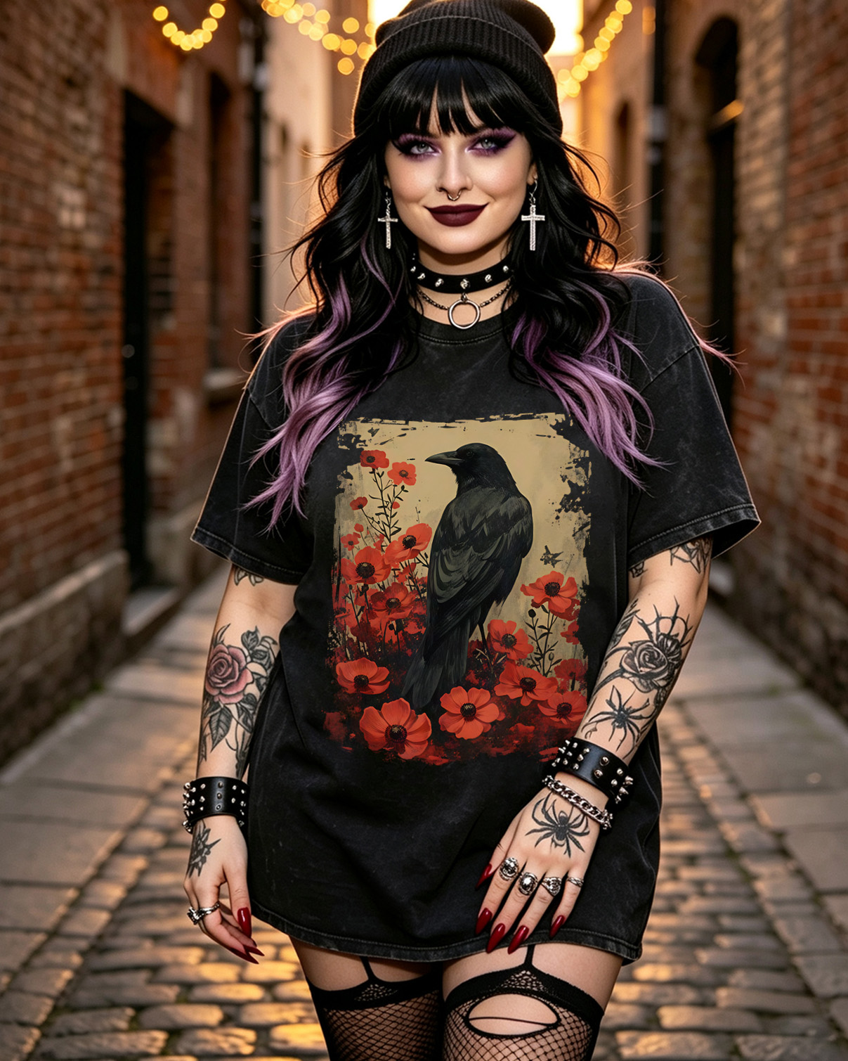 Gothic Raven Rose Enchanted Washed T-Shirt