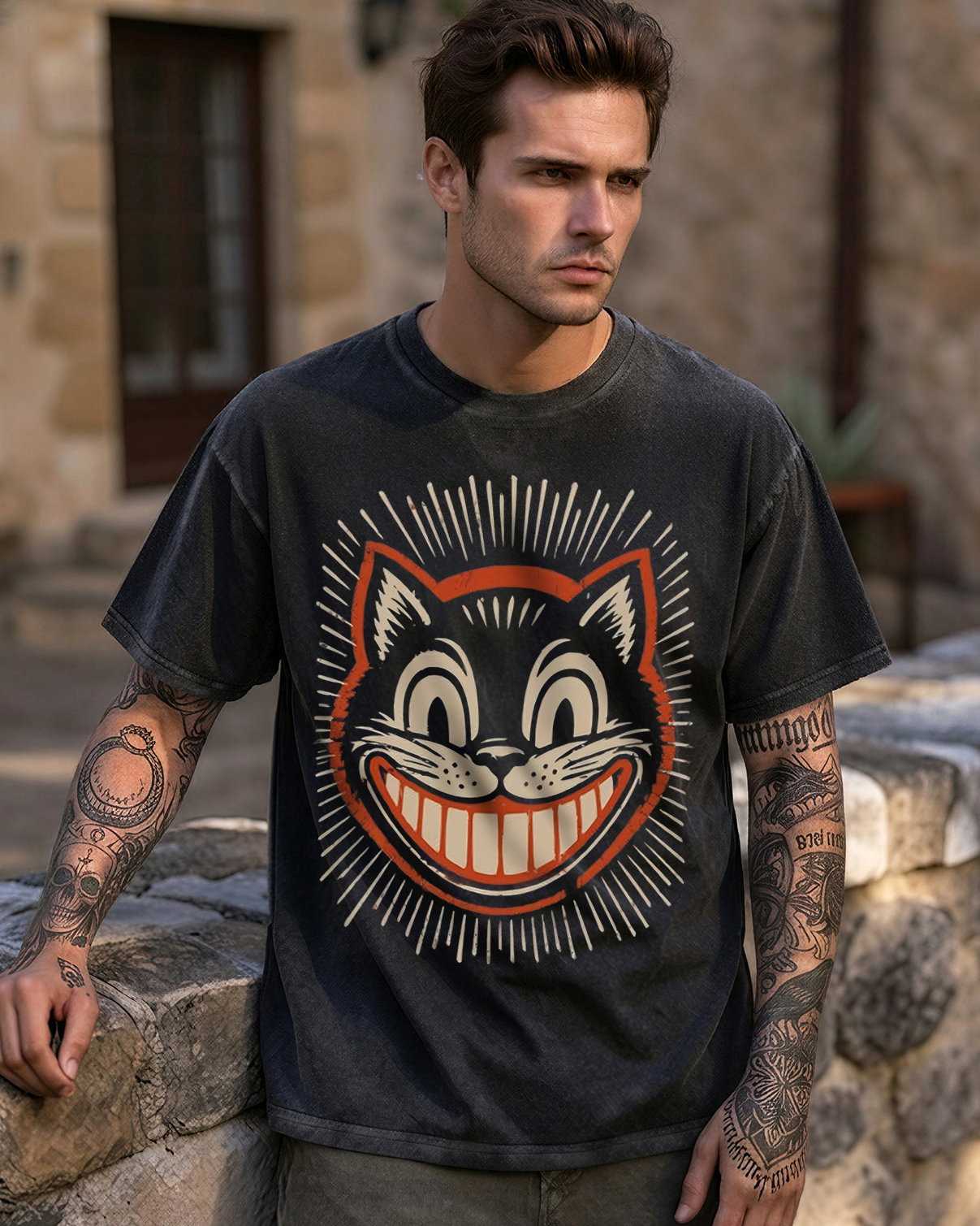 Vintage 1930s Cartoon Creepy Smiling Cat Washed T-Shirt