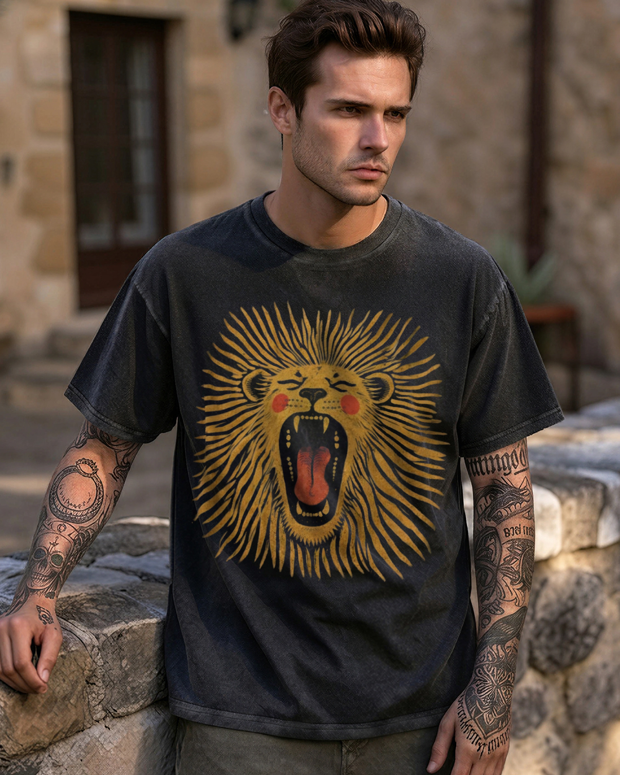 Vintage Folk Art Roaring Lion Washed T-Shirt
