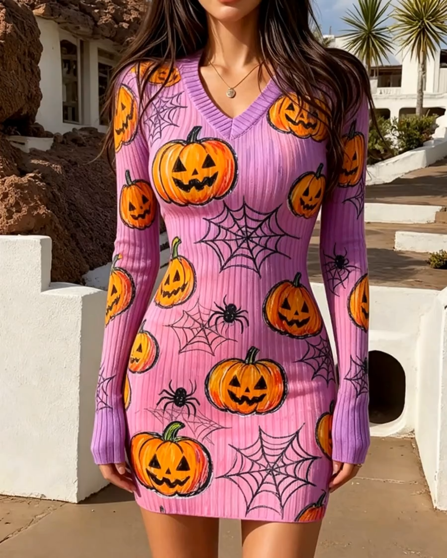 Spooky Pumpkin Spider Web Print Bodycon Mini Dress