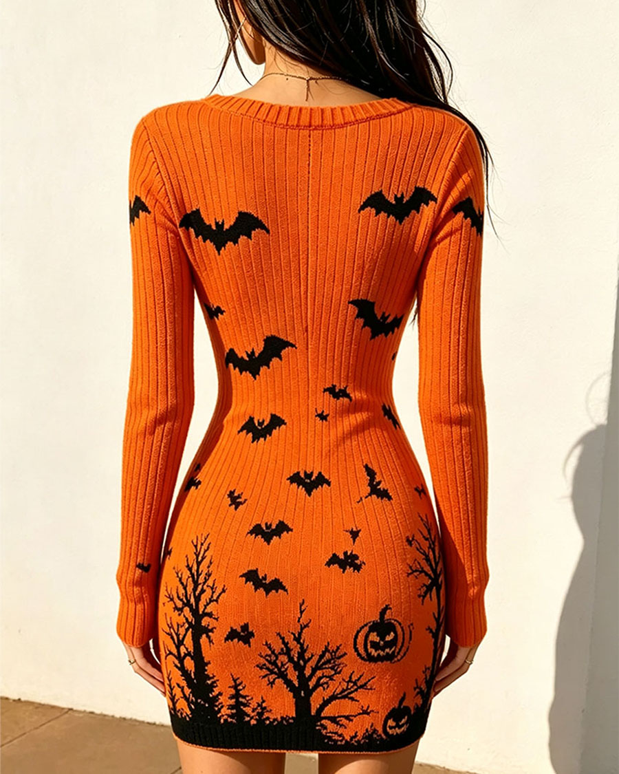 Orange Bat Print Knit Bodycon Mini Dress