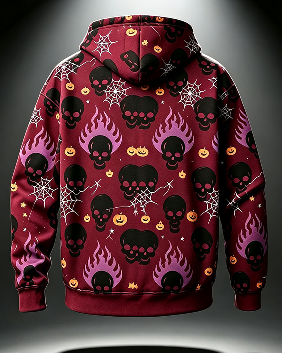Spooky Purple Flame Skull Pumpkin Graphic Hoodie