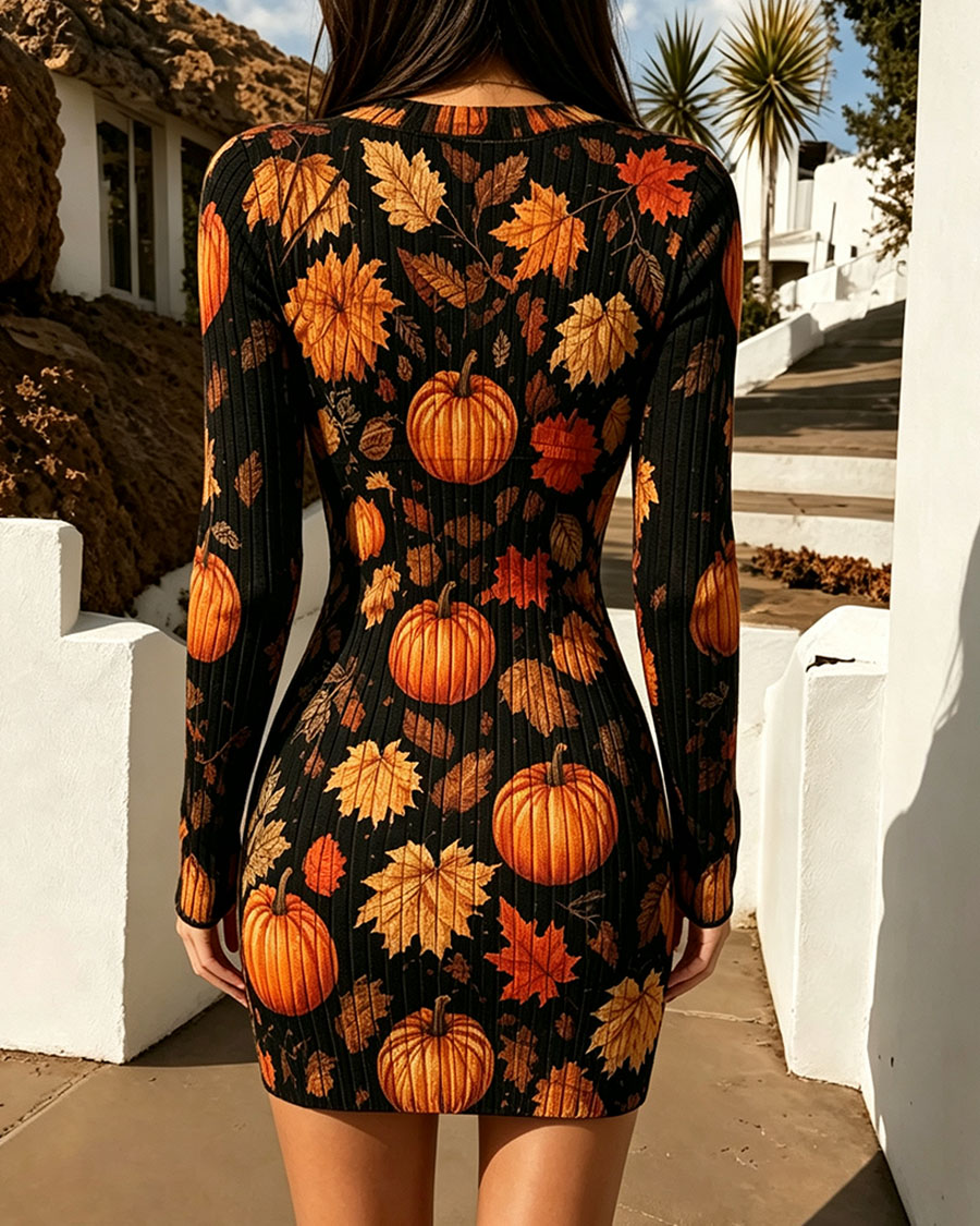 Women's Black Pumpkin Leaf Bodycon Mini Dress