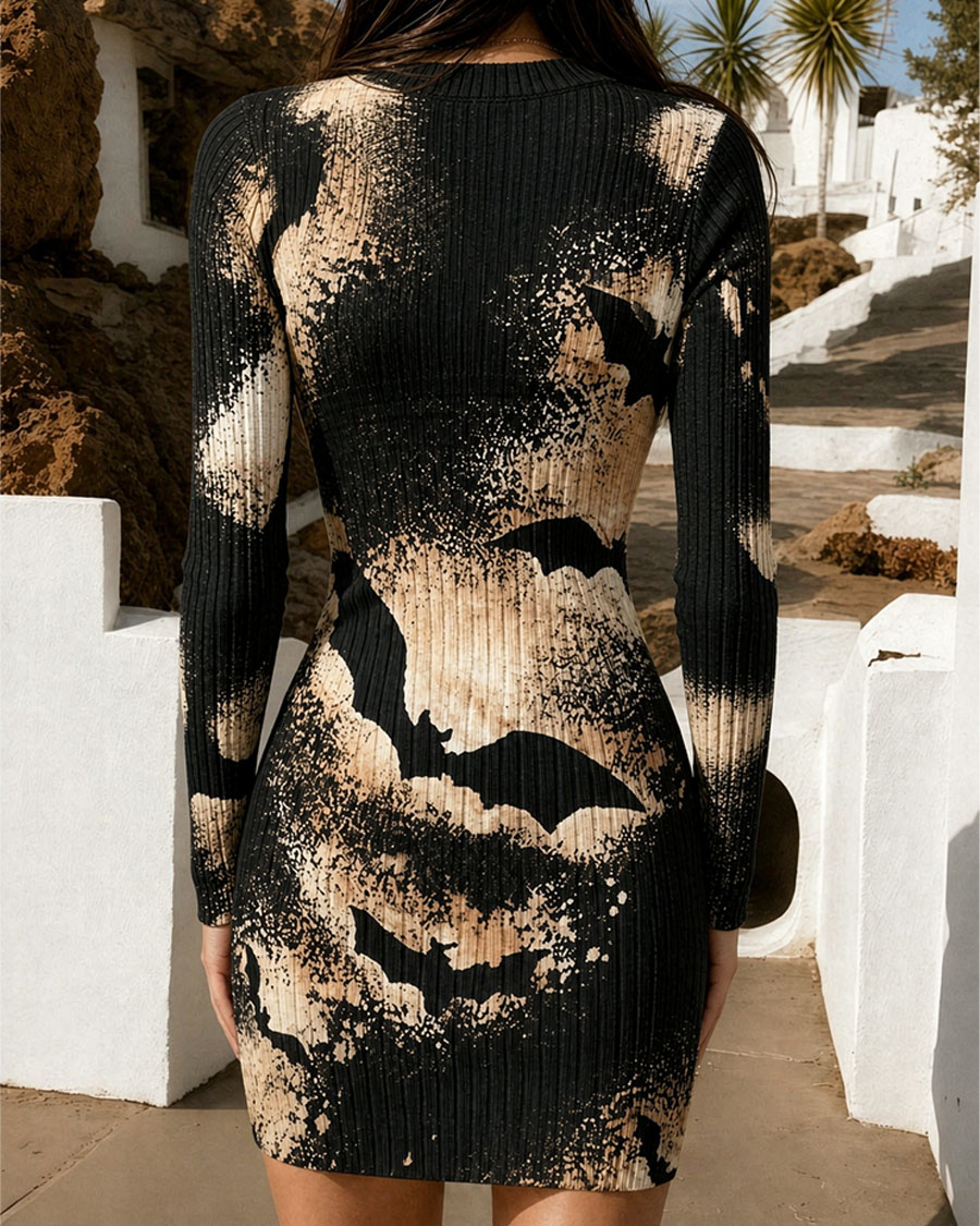 Grunge Black Beige Bat Bodycon Mini Dress