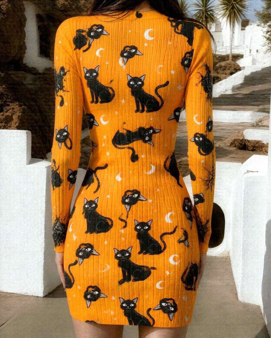 Halloween orange cat Bodycon Mini Dress