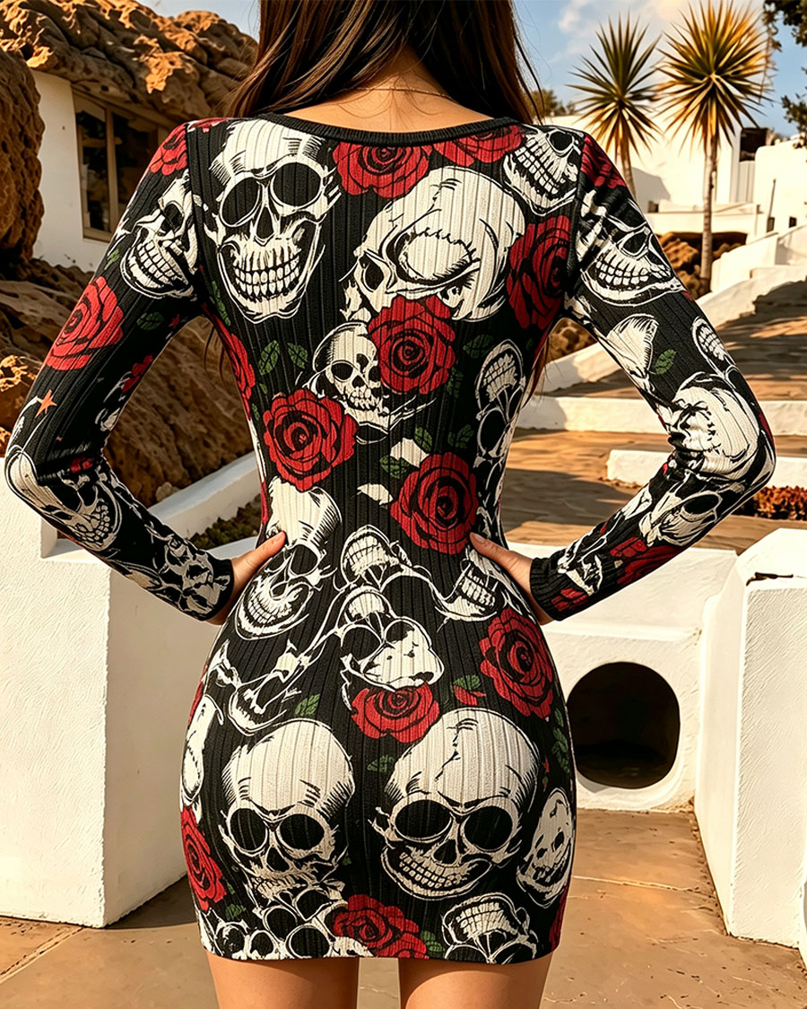 Women's Tattoo Style Skull Bodycon Mini Dress