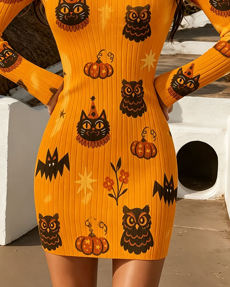 Cute Vintage Halloween Animals Bodycon Mini Dress