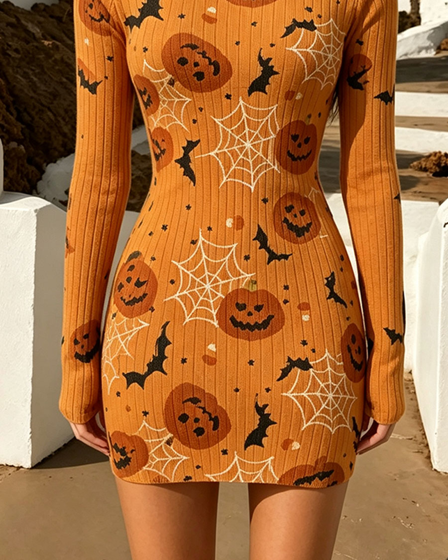 Halloween Pumpkin Bat Print Bodycon Mini Dress