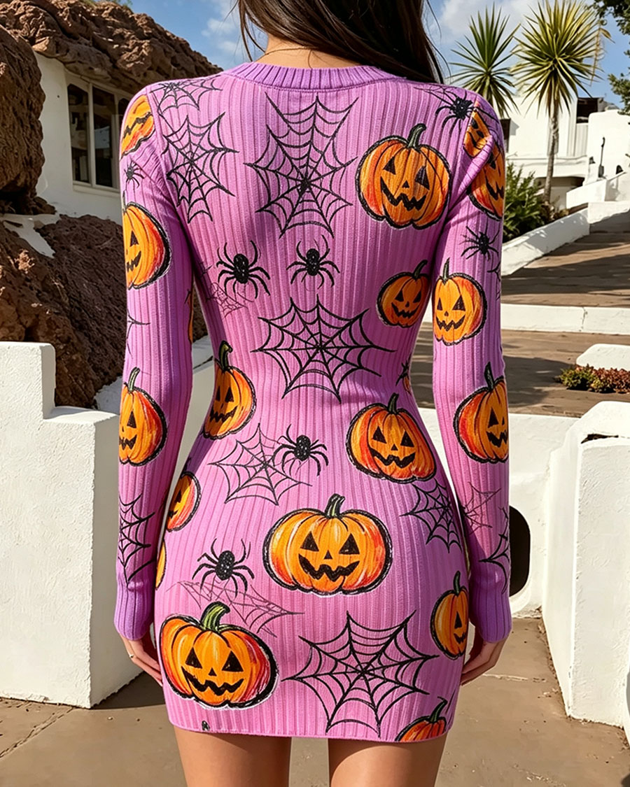 Spooky Pumpkin Spider Web Print Bodycon Mini Dress