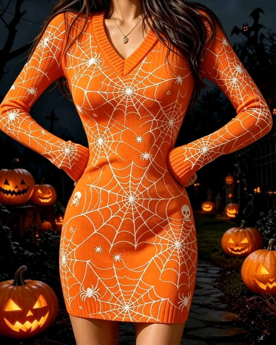 Orange Halloween Spiderweb Knit Bodycon Mini Dress