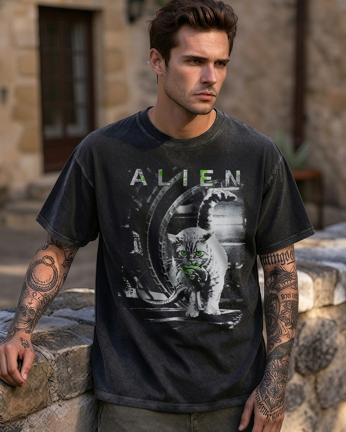Alien Cat Paranormal Occult Washed T-Shirt