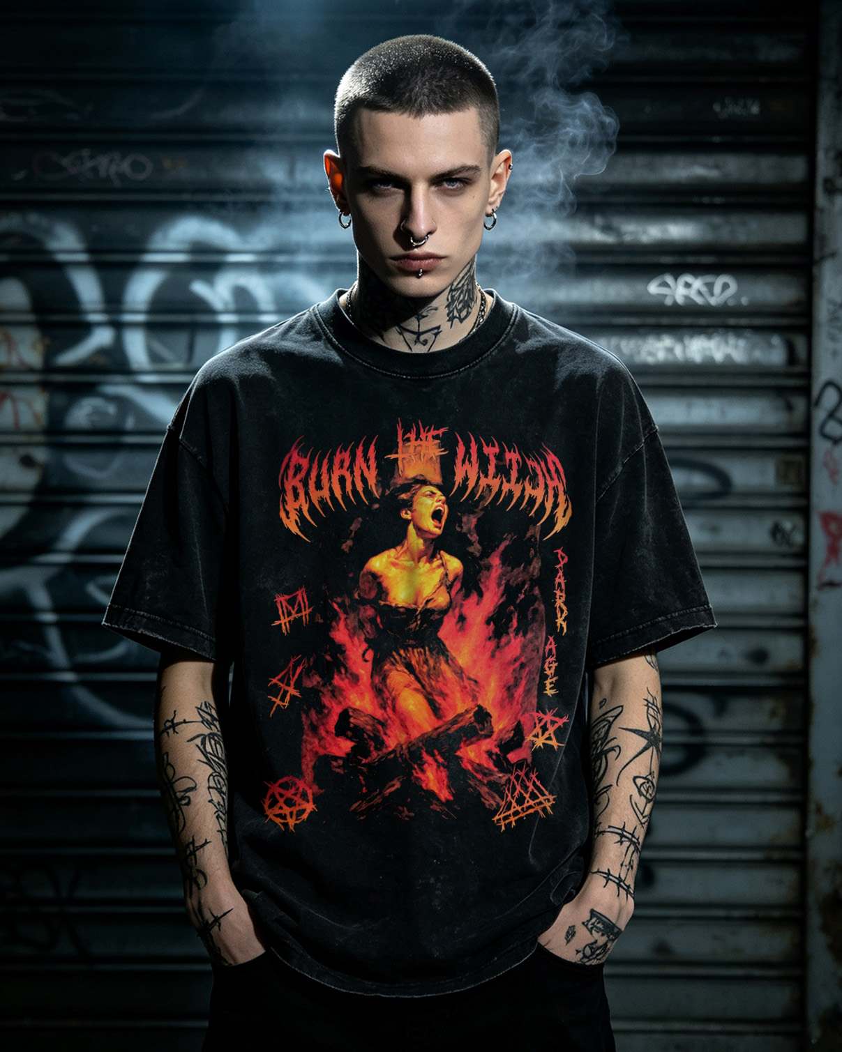 Burn the Witch Washed T-Shirt Occult Horror, Heavy Metal Apparel