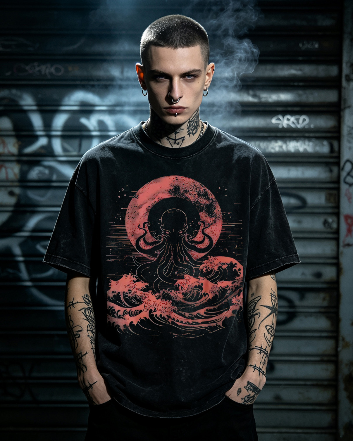 Cthulhu Red Moon Washed T-Shirt Japanese Gothic Kraken