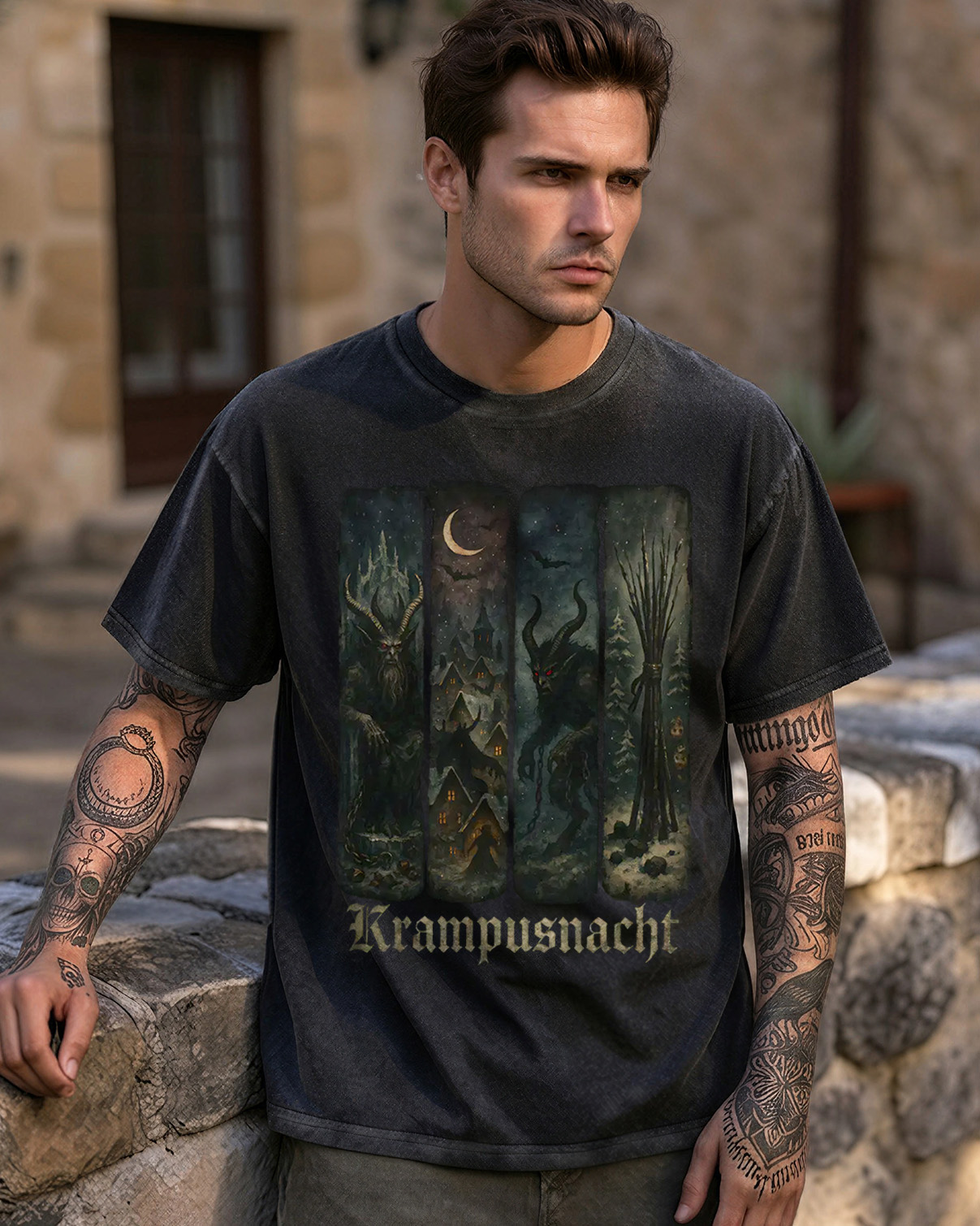 Dark Fantasy Krampus Washed T-Shirt Occult Holiday
