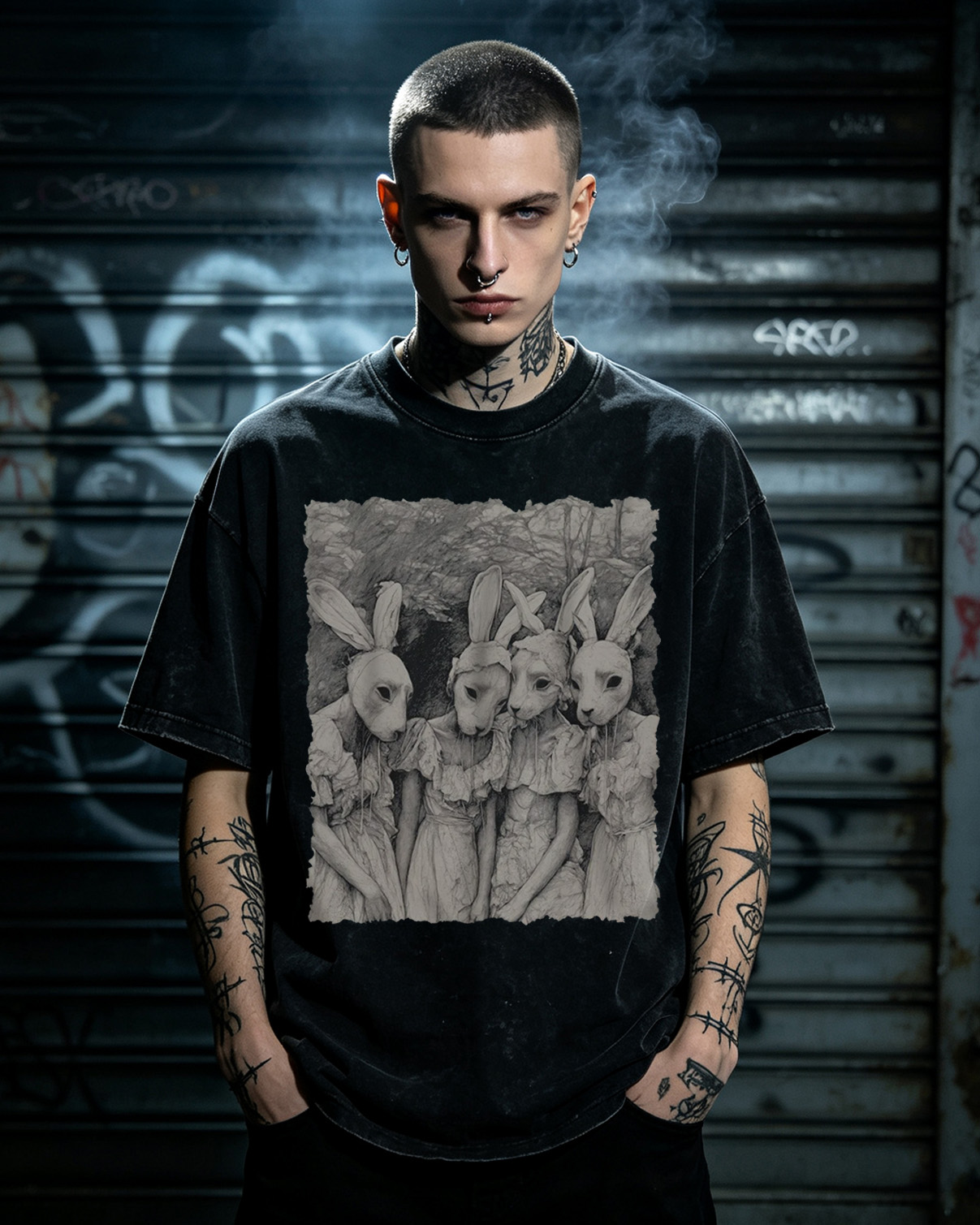 Freaky Rabbit Mask Gothic Washed T-Shirt Weird Pagan