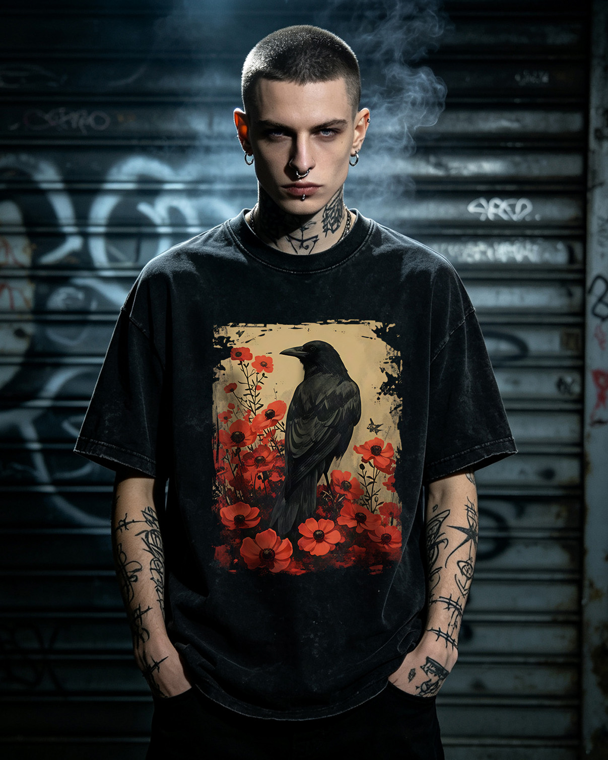 Gothic Raven Rose Enchanted Washed T-Shirt