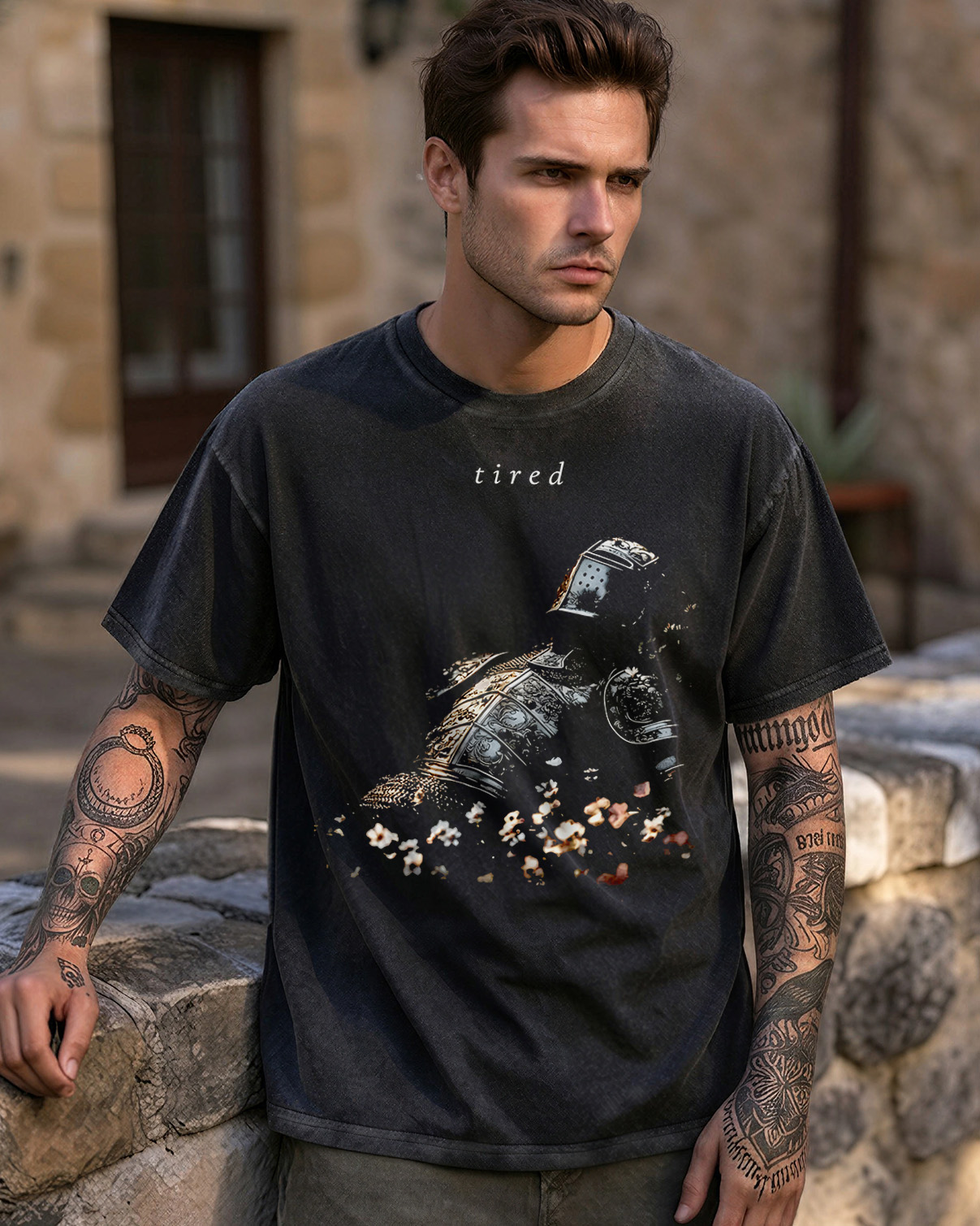Gothic Tired Knight Washed T-Shirt Medieval Fantasy