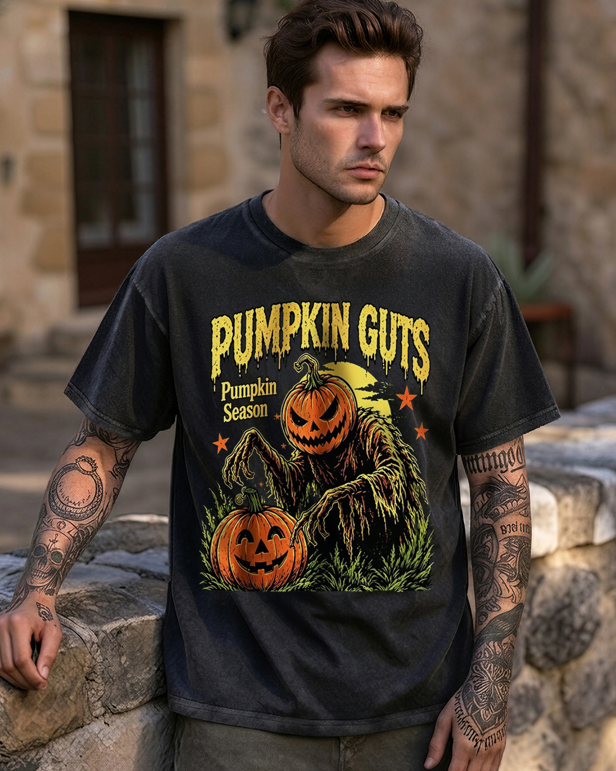 Spooky Pumpkin Guts Horror Washed T-Shirt