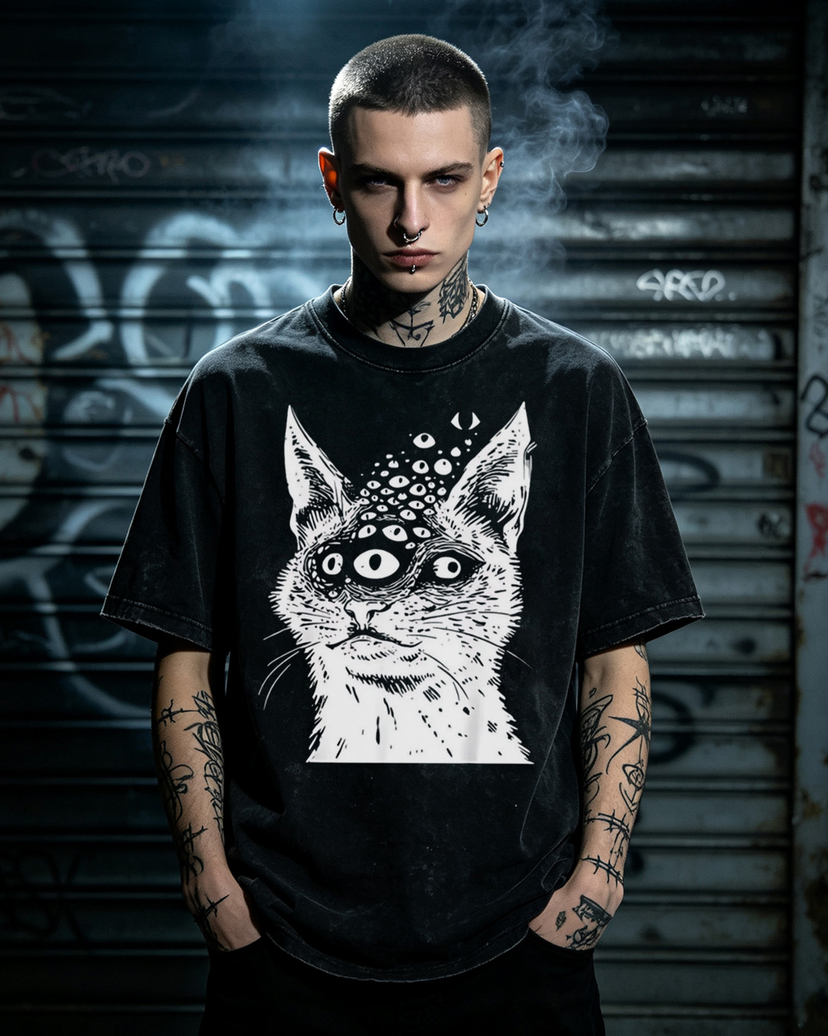 Weirdcore Cat Dark Goth Washed T-Shirt