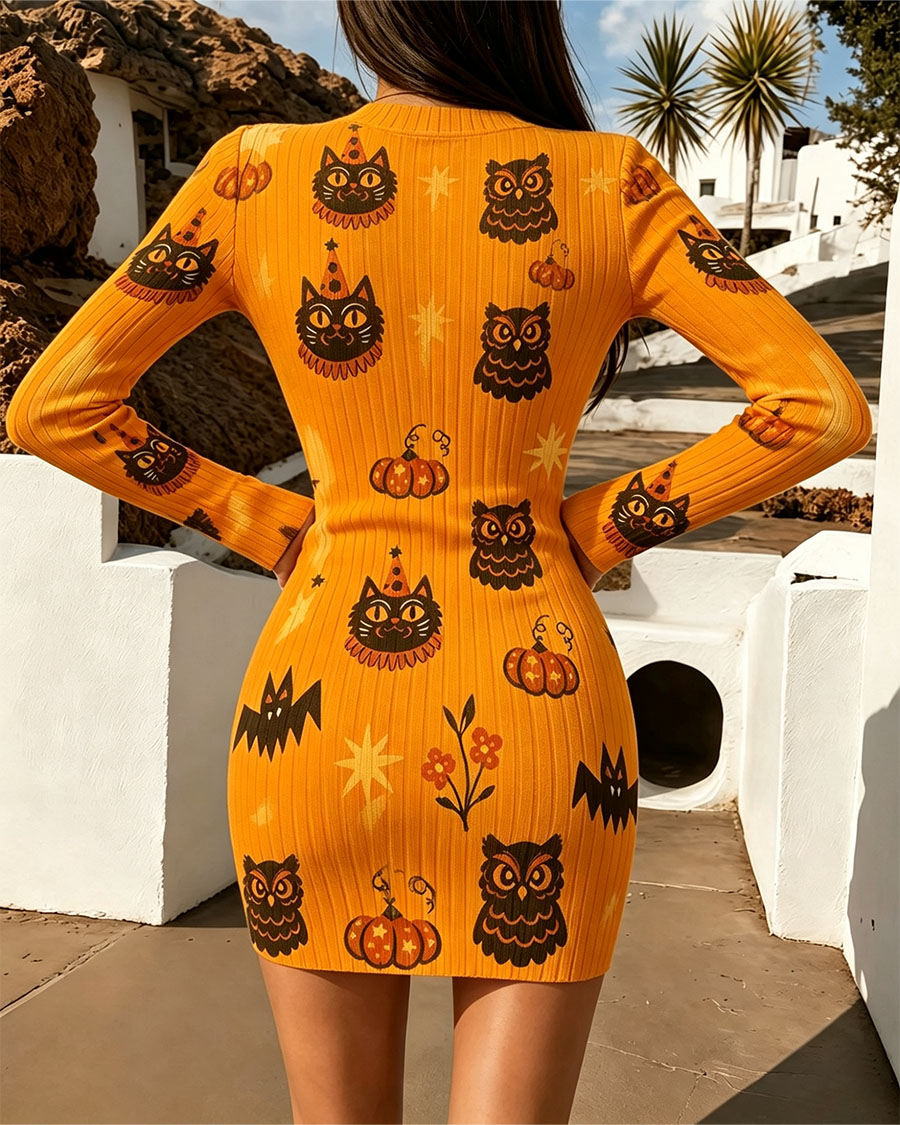 Cute Vintage Halloween Animals Bodycon Mini Dress