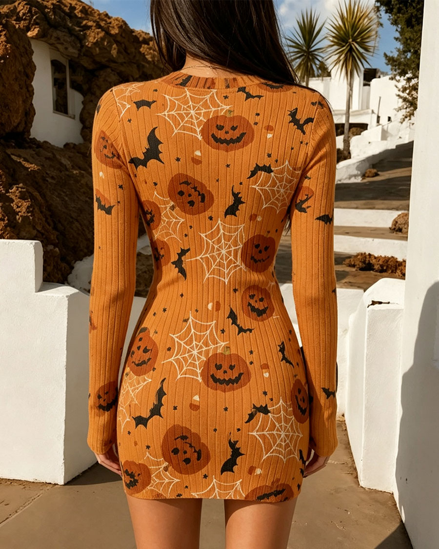 Halloween Pumpkin Bat Print Bodycon Mini Dress