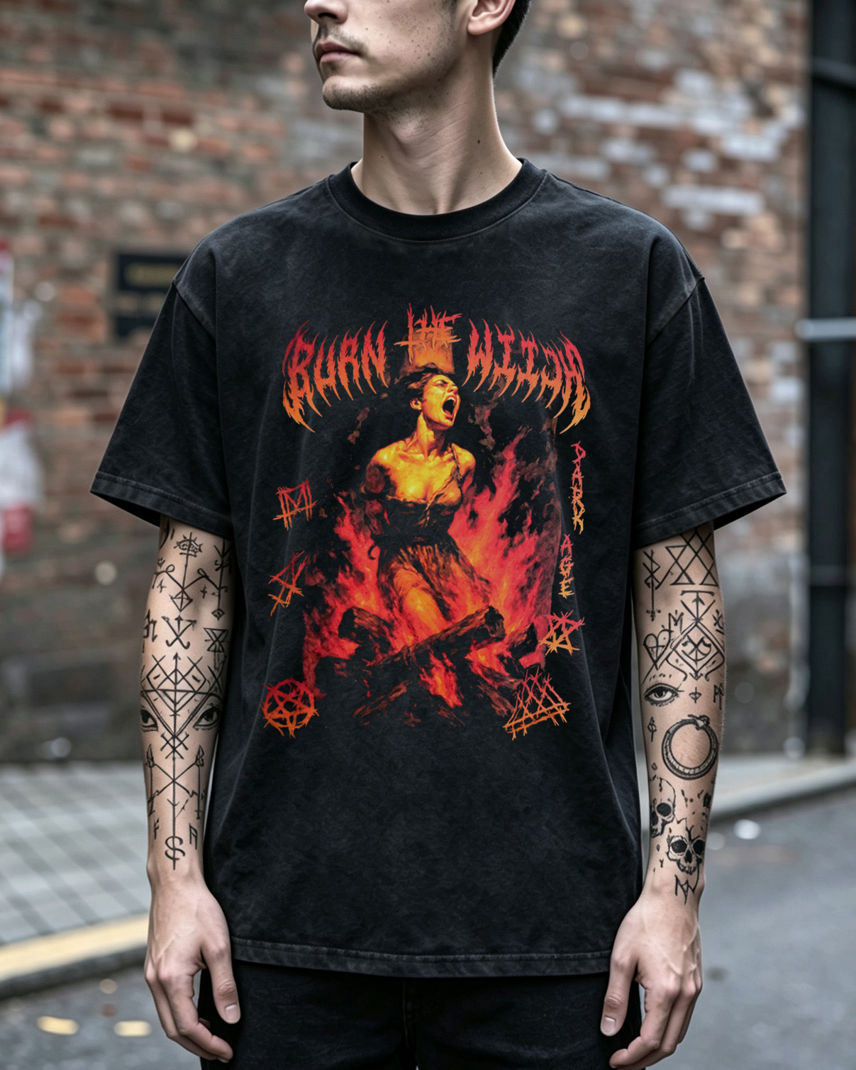 Burn the Witch Washed T-Shirt Occult Horror, Heavy Metal Apparel