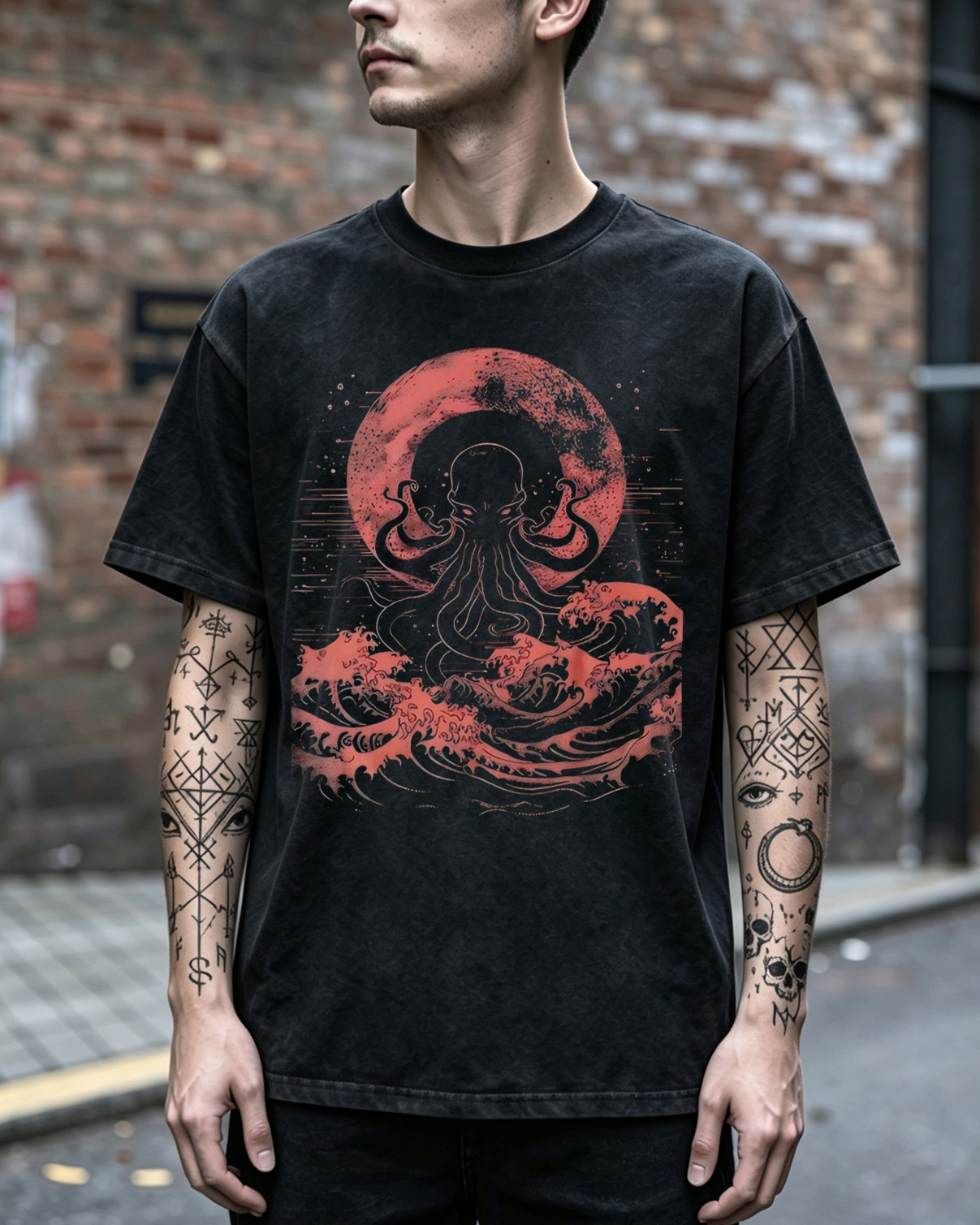 Cthulhu Red Moon Washed T-Shirt Japanese Gothic Kraken