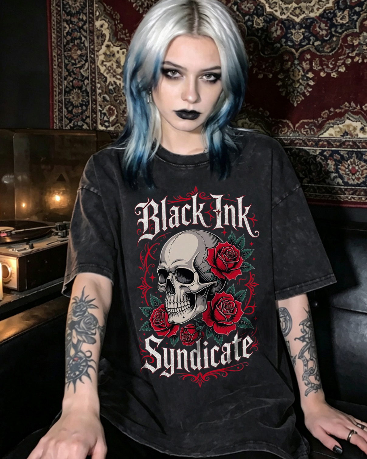 Dark Romance Reaper Skull Rose Washed T-Shirt