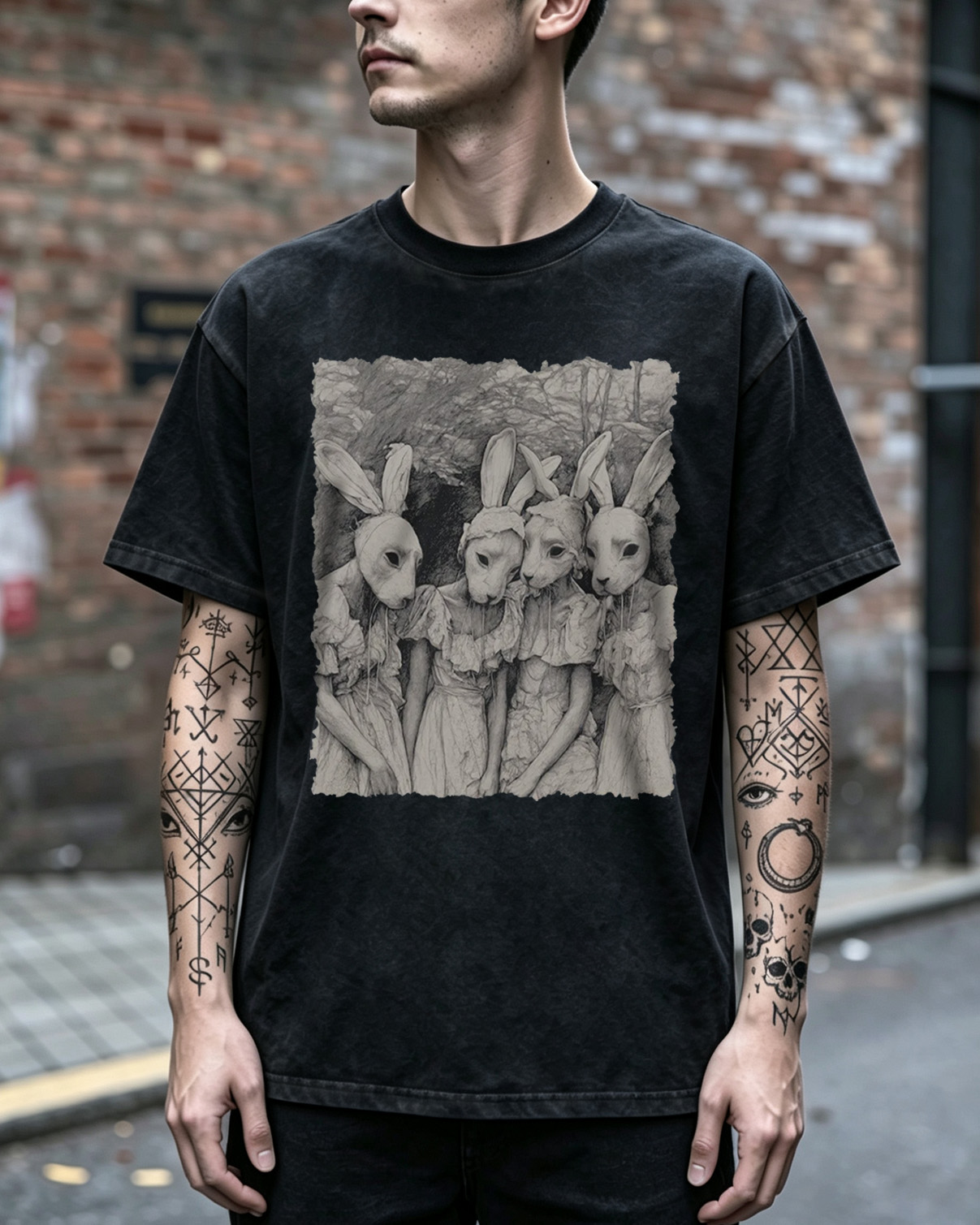 Freaky Rabbit Mask Gothic Washed T-Shirt Weird Pagan