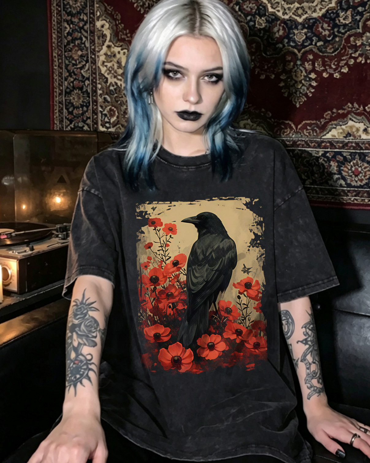 Gothic Raven Rose Enchanted Washed T-Shirt