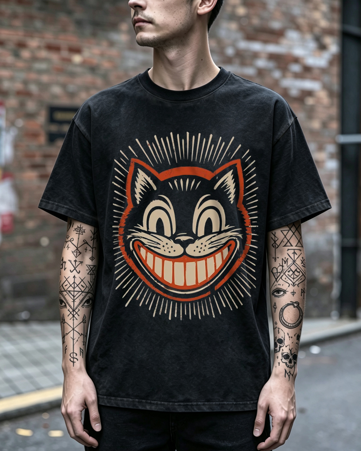 Vintage 1930s Cartoon Creepy Smiling Cat Washed T-Shirt