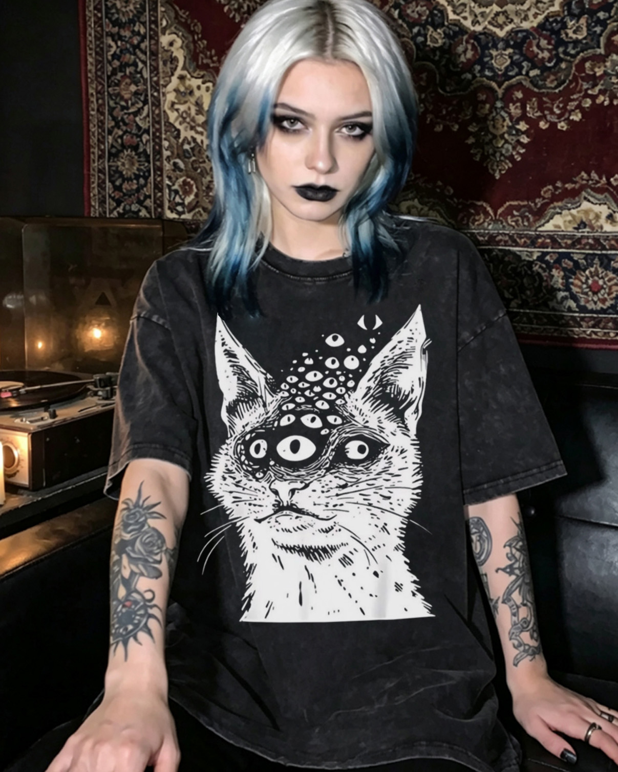 Weirdcore Cat Dark Goth Washed T-Shirt