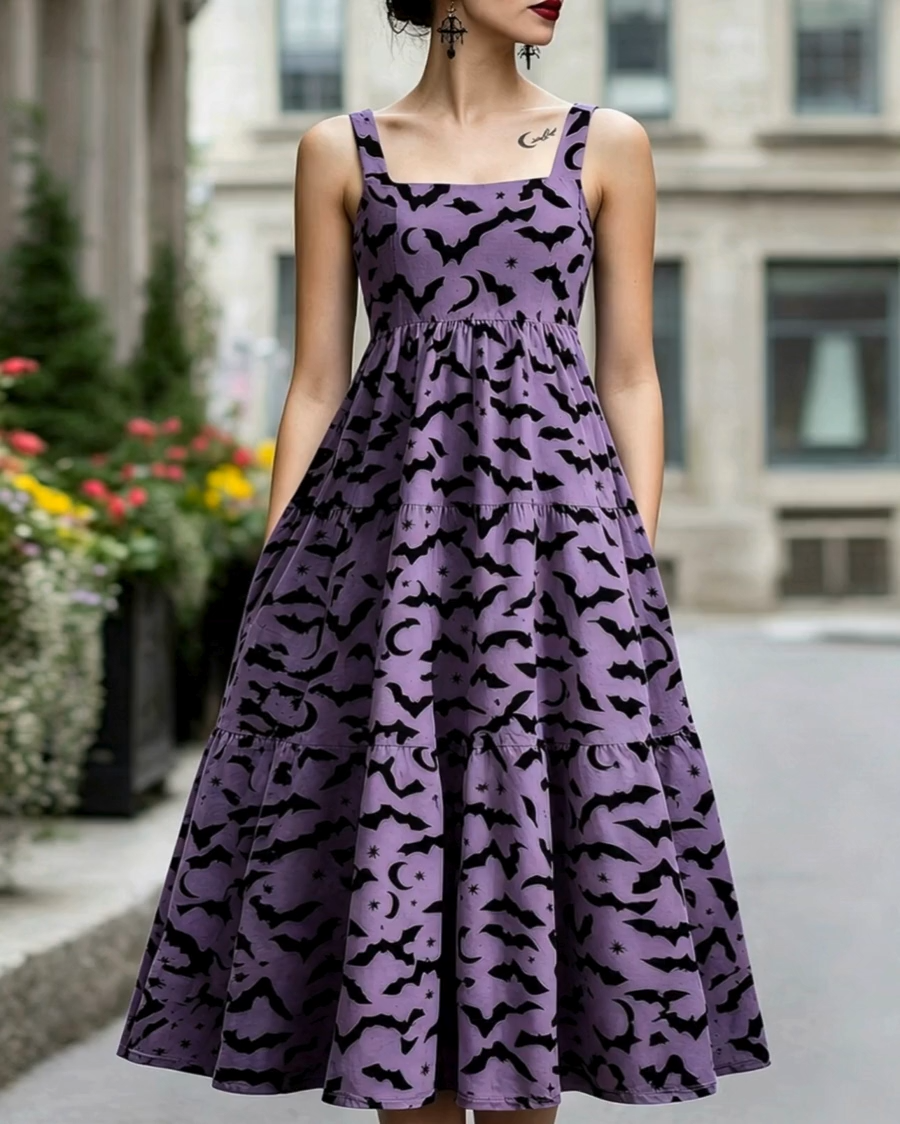 Dark Gothic Aesthetic Bat Crescent Moon Maxi Dress