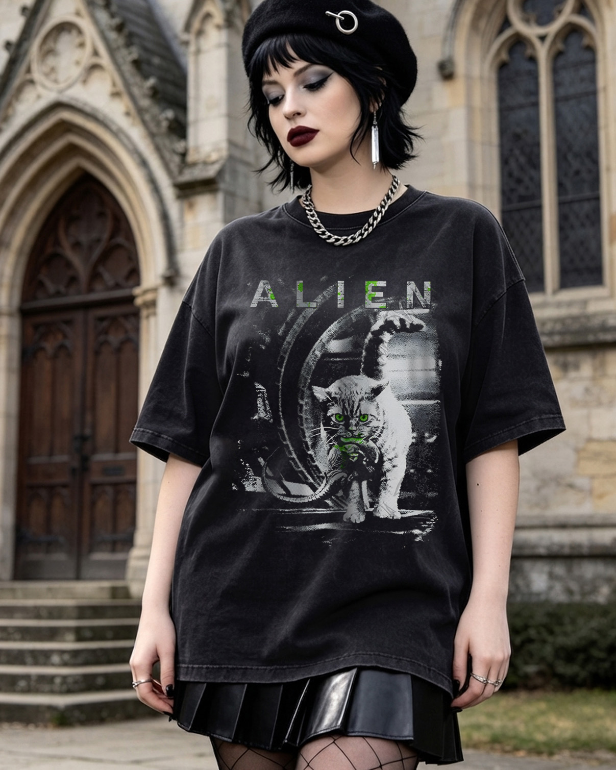 Alien Cat Paranormal Occult Washed T-Shirt