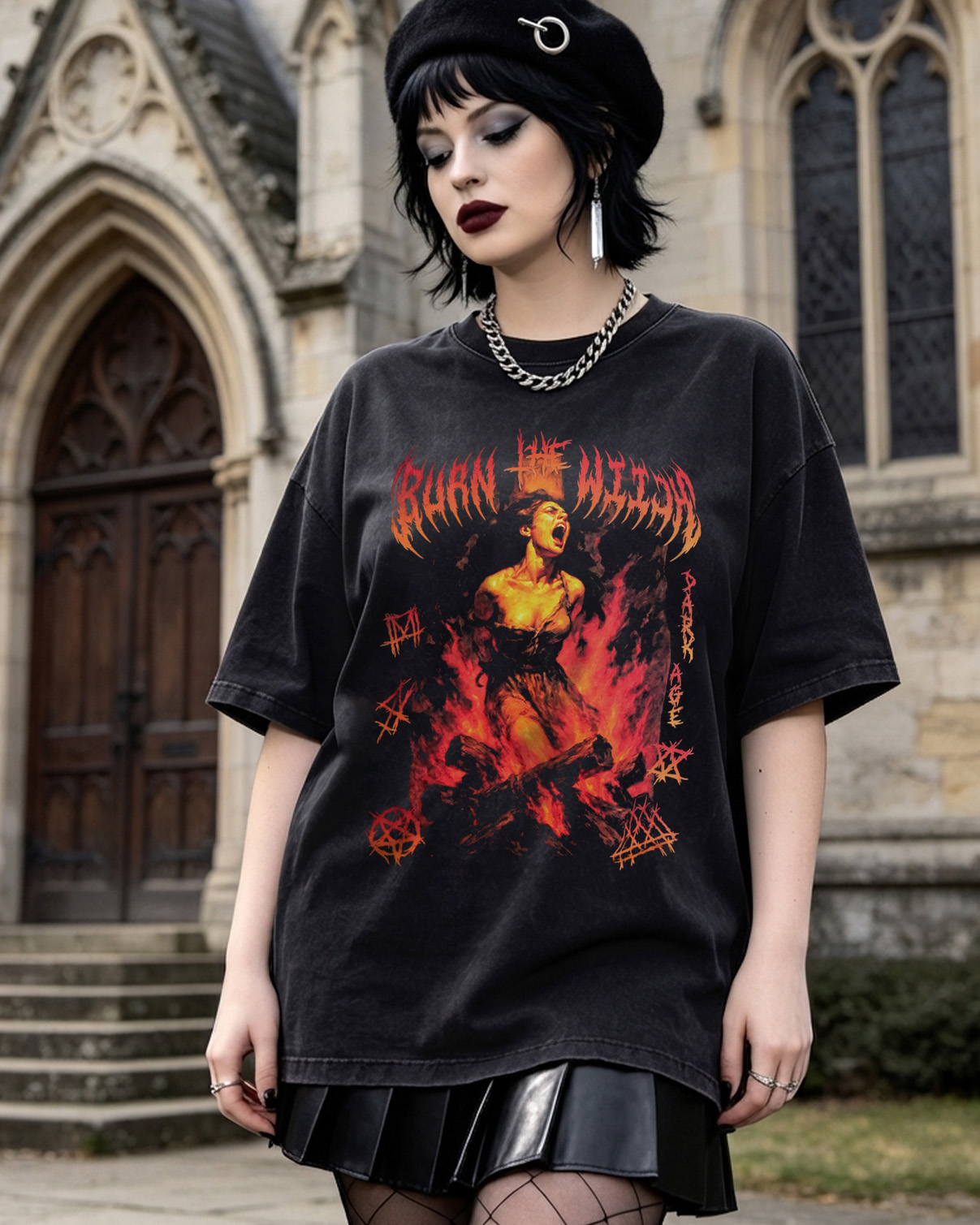 Burn the Witch Washed T-Shirt Occult Horror, Heavy Metal Apparel