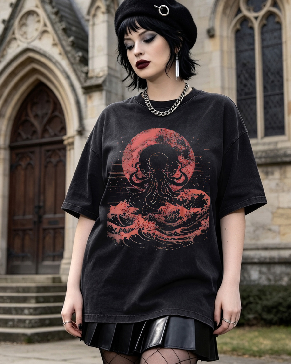 Cthulhu Red Moon Washed T-Shirt Japanese Gothic Kraken
