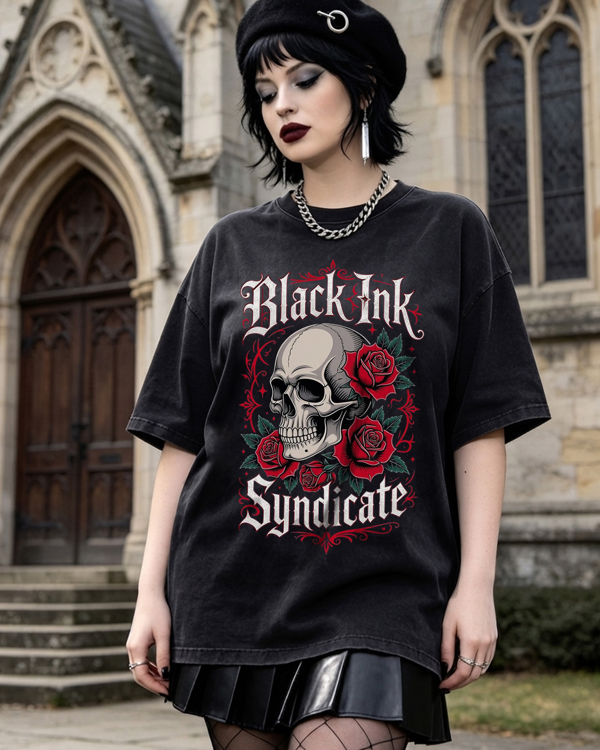 Dark Romance Reaper Skull Rose Washed T-Shirt