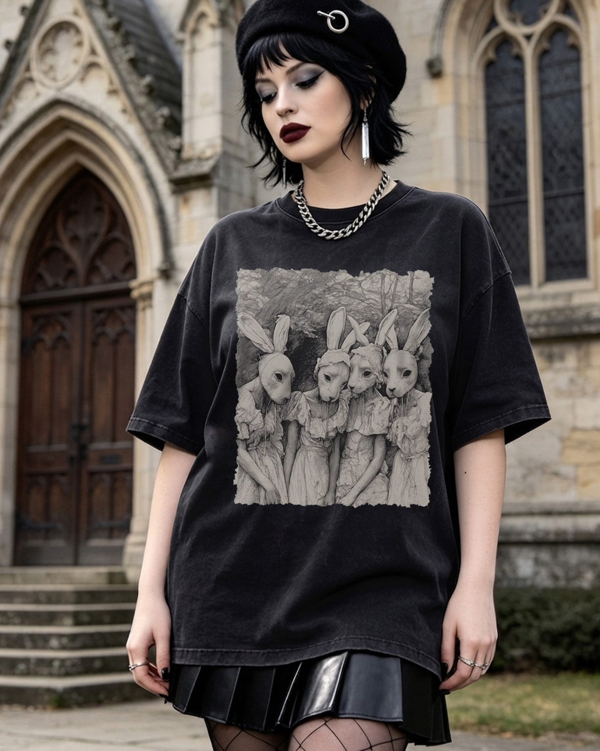 Freaky Rabbit Mask Gothic Washed T-Shirt Weird Pagan