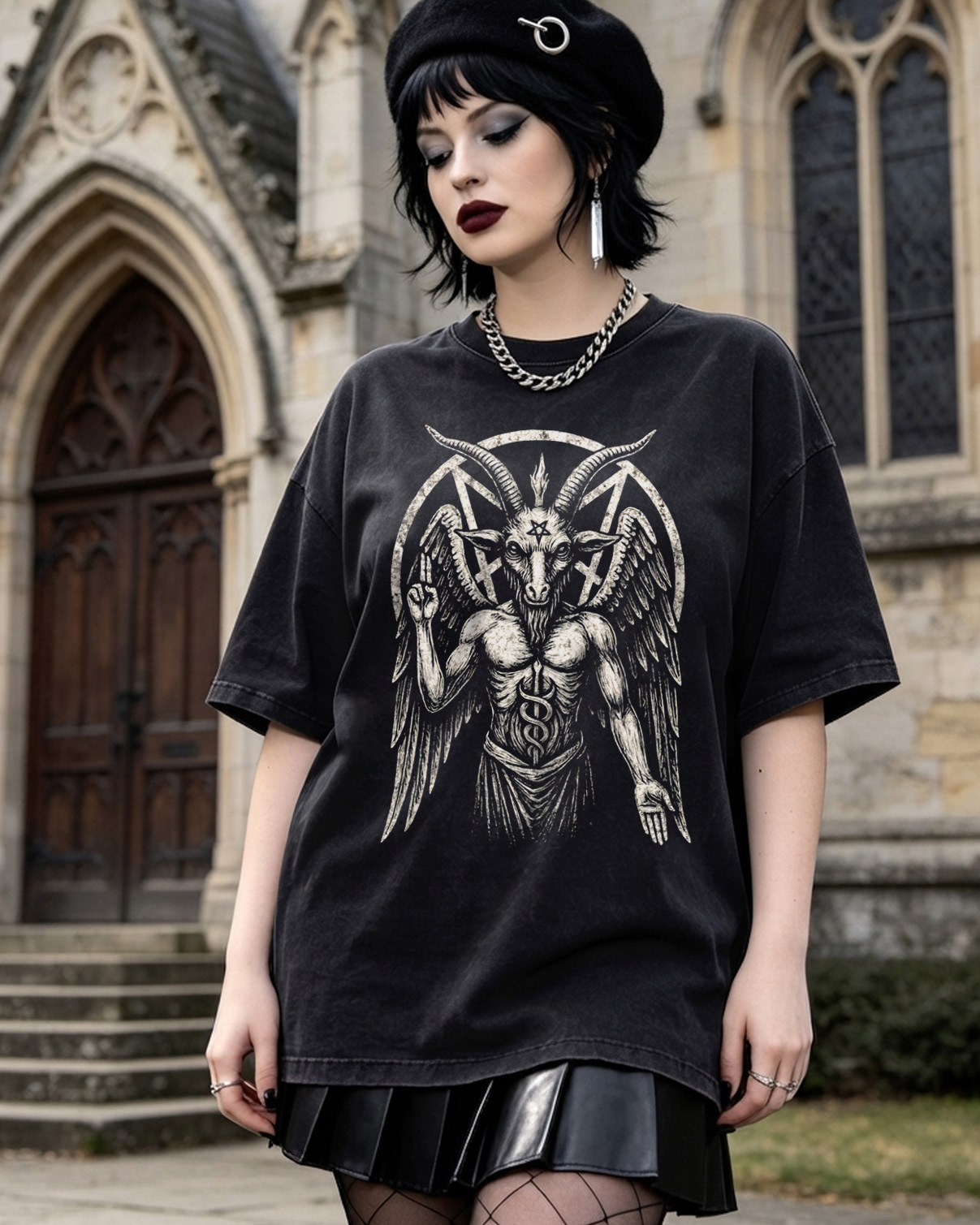 Goat Satanic Washed T-Shirt Occult Pentagram Design