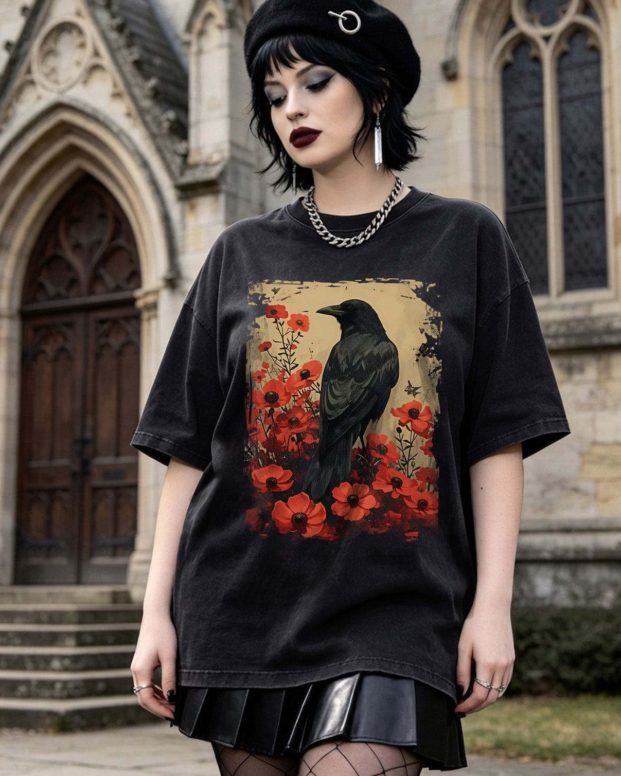 Gothic Raven Rose Enchanted Washed T-Shirt