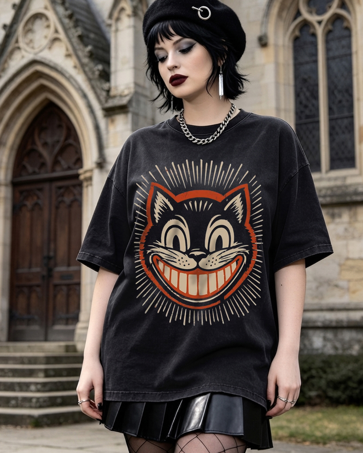 Vintage 1930s Cartoon Creepy Smiling Cat Washed T-Shirt