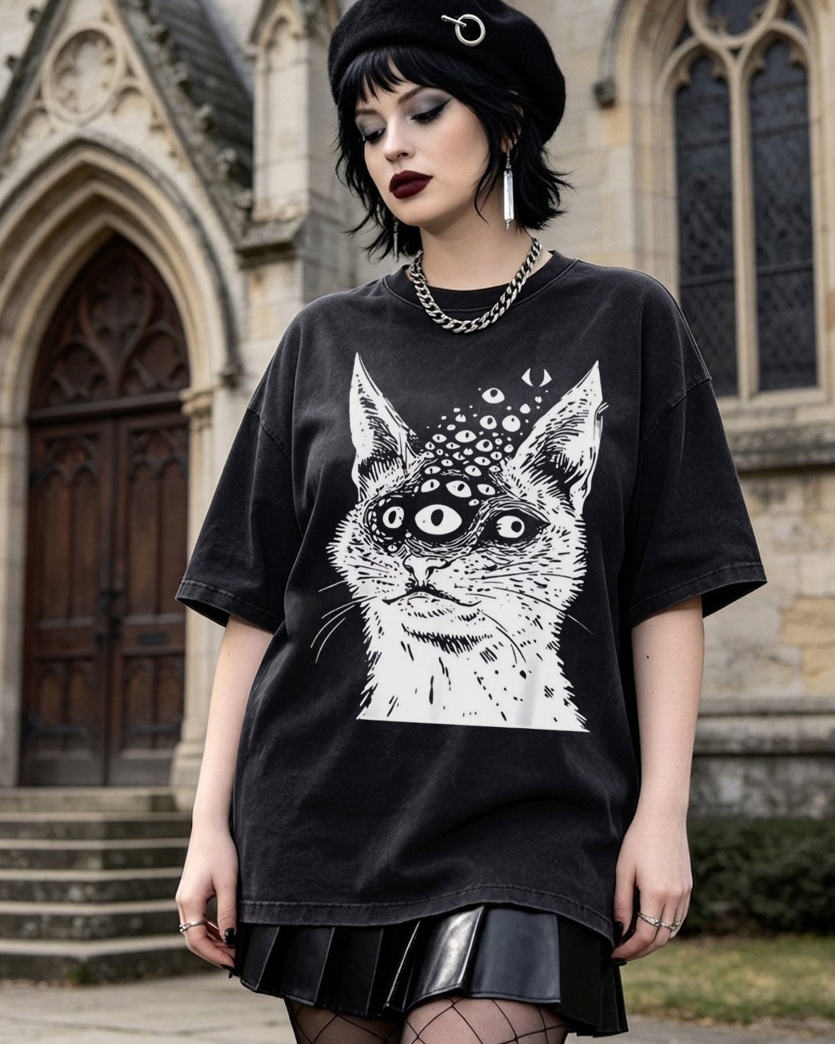 Weirdcore Cat Dark Goth Washed T-Shirt