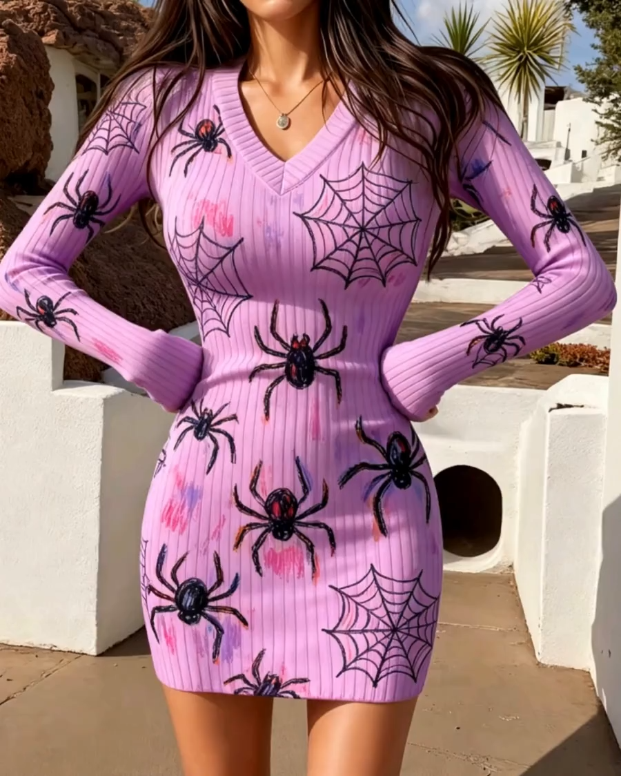 V Neck Spider Print Bodycon Mini Dress